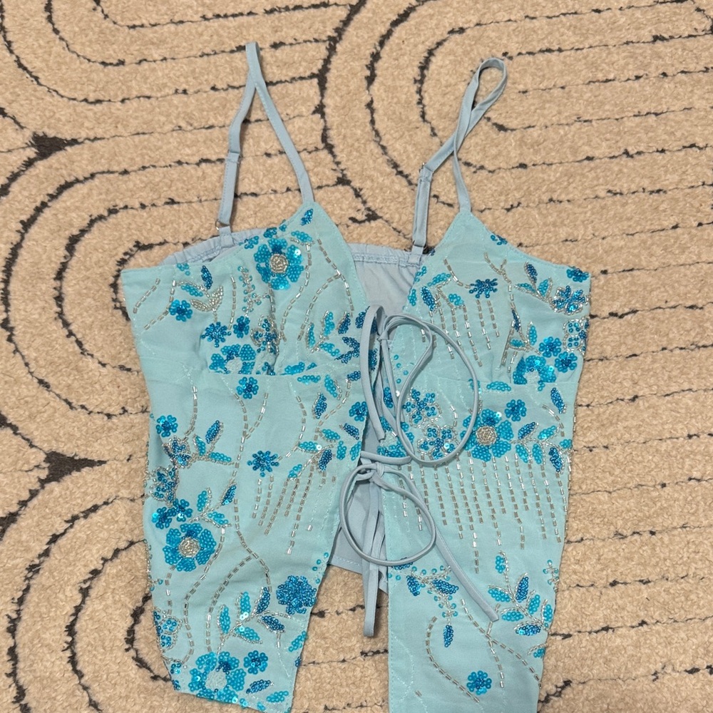 Amazon Light Blue Floral Sequin Tank Top